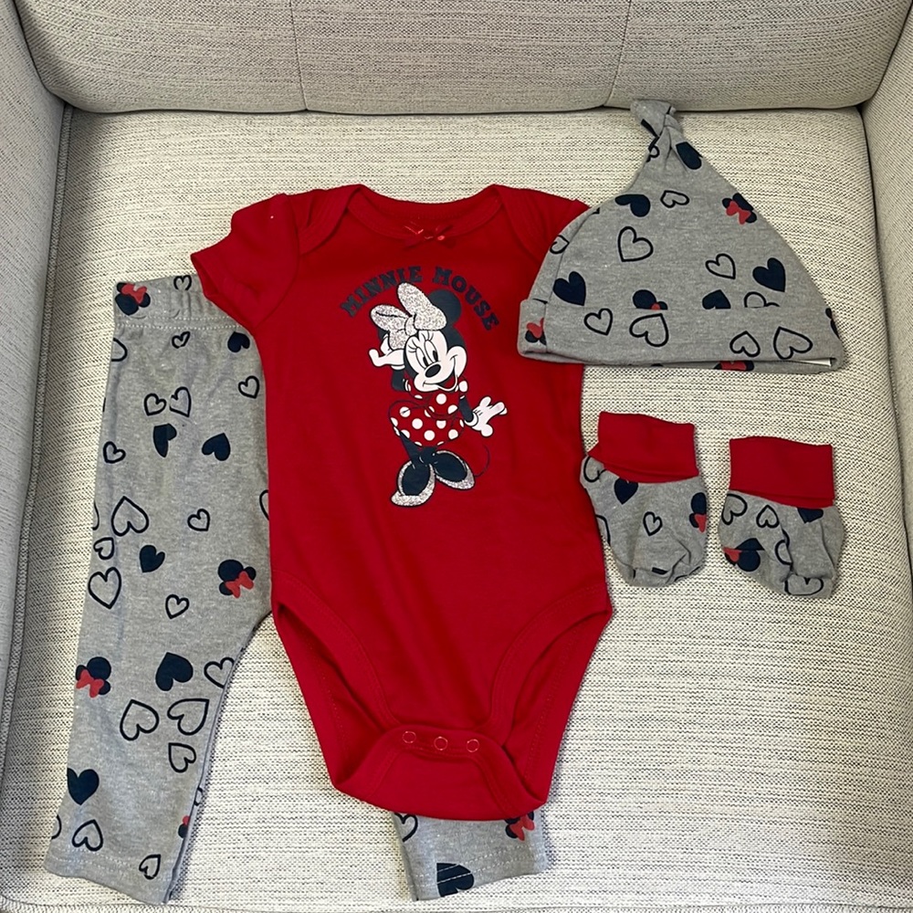 Disney Baby Minnie Mouse 4 Piece Bodysuit & Pants Set